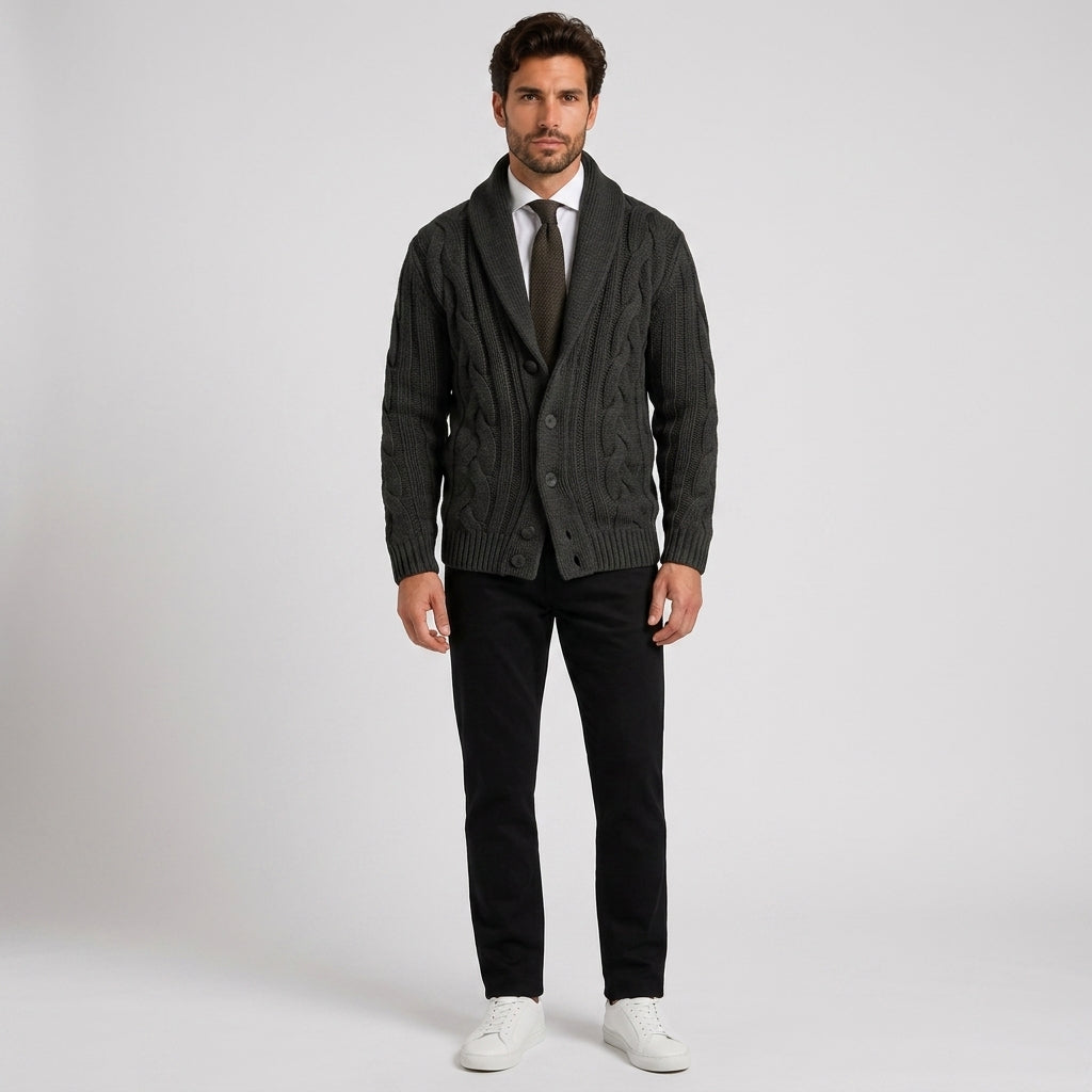 Percy Wilson | Shawl Collar Cable Knit Sweater for Men - Black