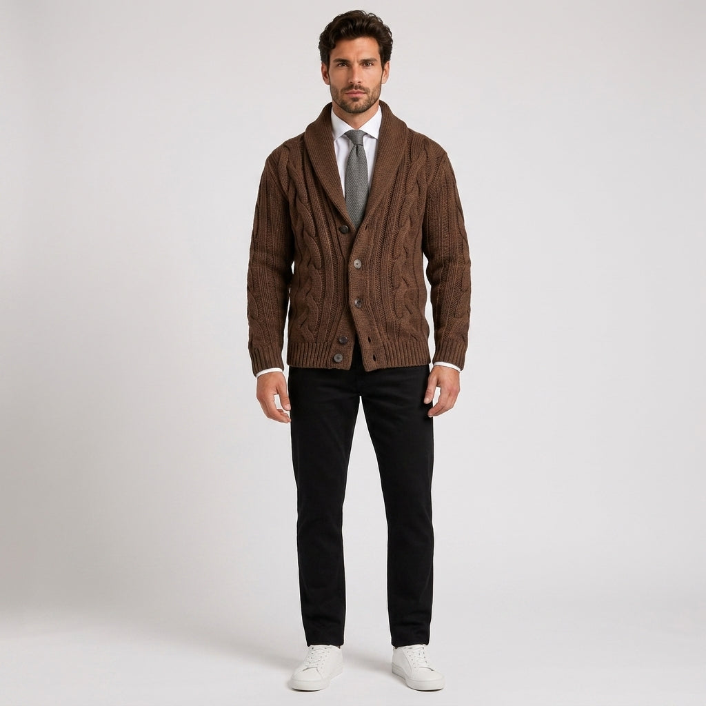 Percy Wilson | Shawl Collar Cable Knit Sweater for Men - Brown
