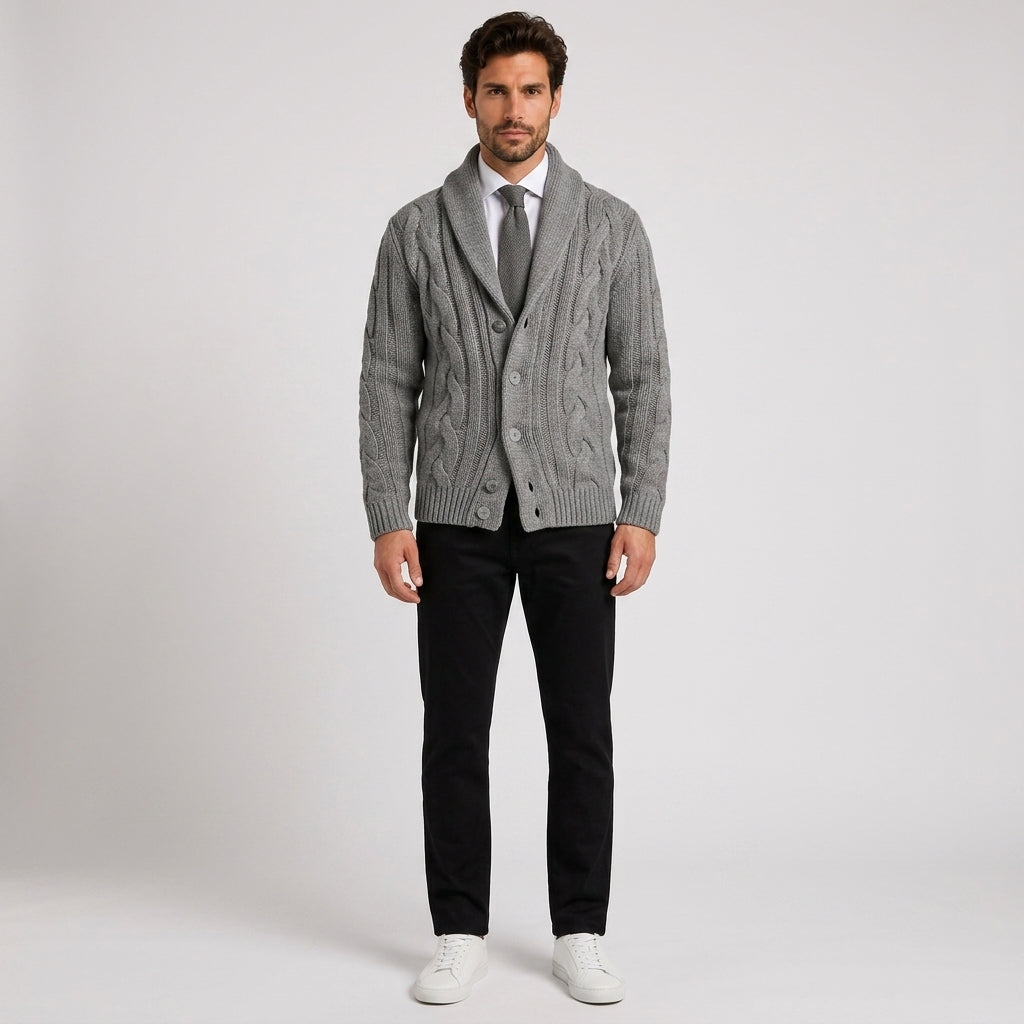 Percy Wilson | Shawl Collar Cable Knit Sweater for Men - Gray
