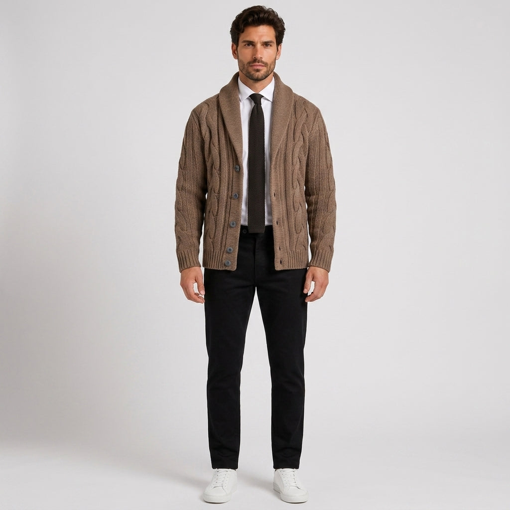 Percy Wilson | Shawl Collar Cable Knit Sweater for Men - Khaki