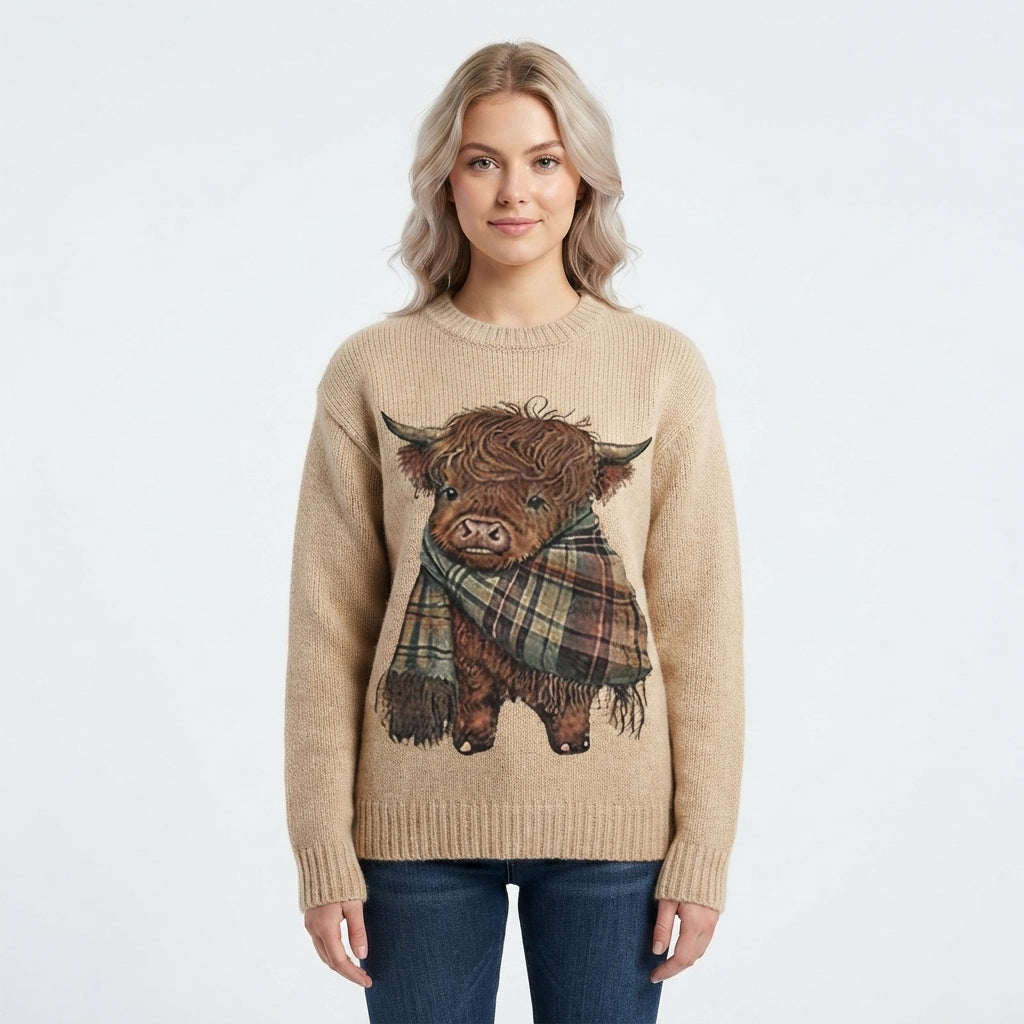 Phoebe Sinclair | Highland Cow Print Chunky Knit Sweater