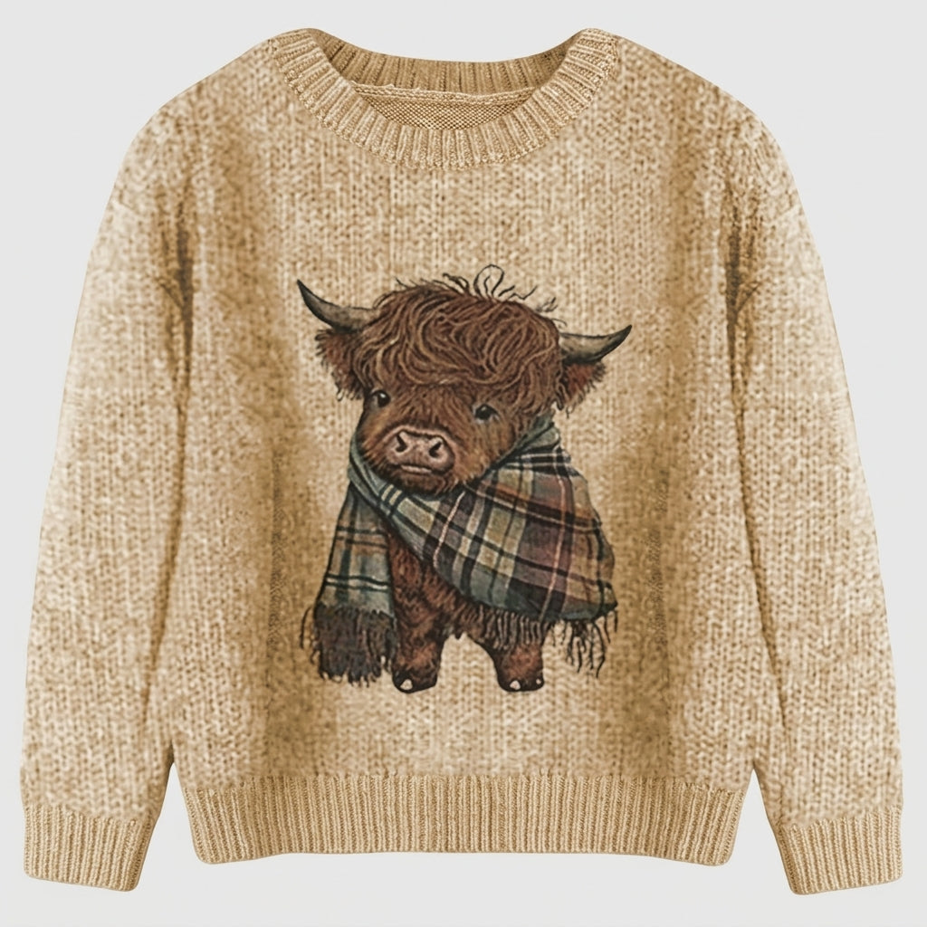 Phoebe Sinclair | Highland Cow Print Chunky Knit Sweater