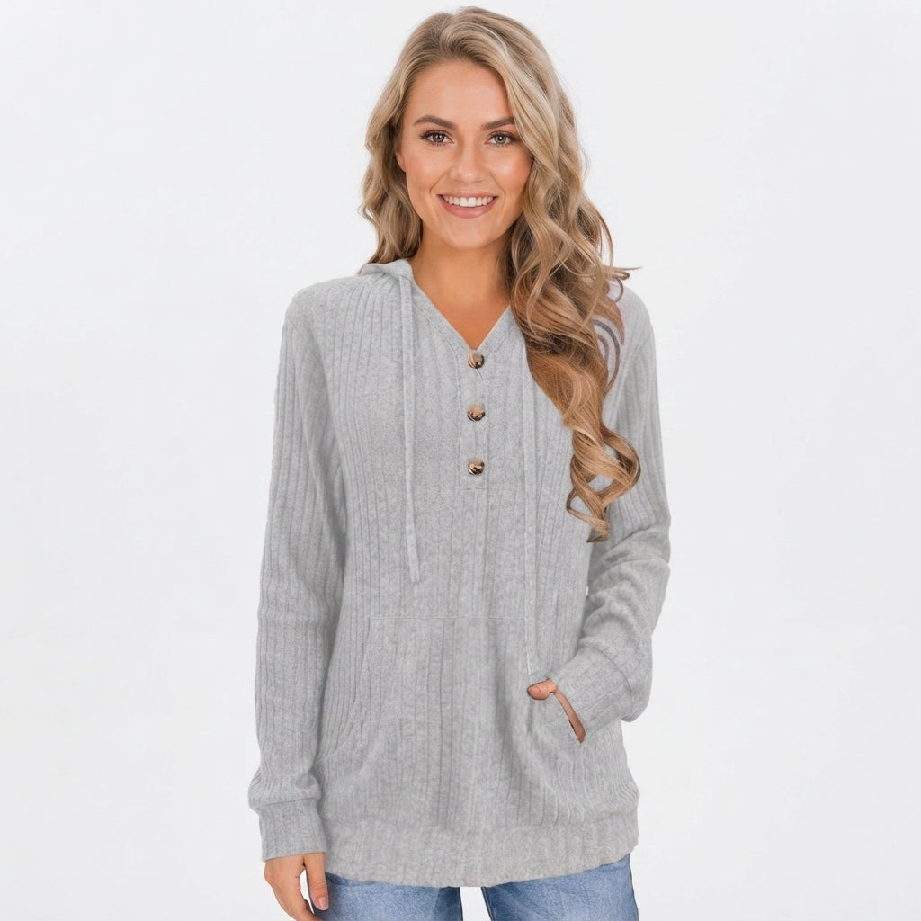 Priscilla Hawthorne | Ribbed Knit Button-Up Hoodie Sweater