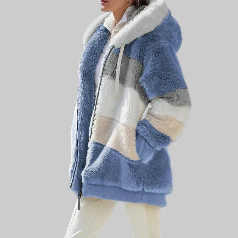 Hooded Winter Jacket with Full Zip Front and Colour Block Design
