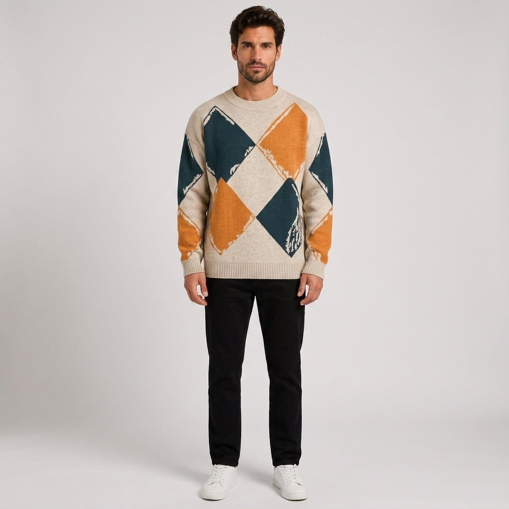 Reginald Foster | Round Neck Argyle Sweater - Apricot