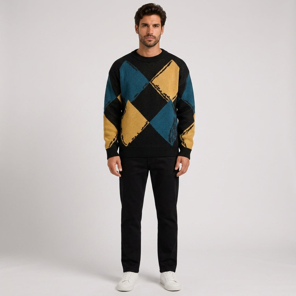 Reginald Foster | Round Neck Argyle Sweater - Black