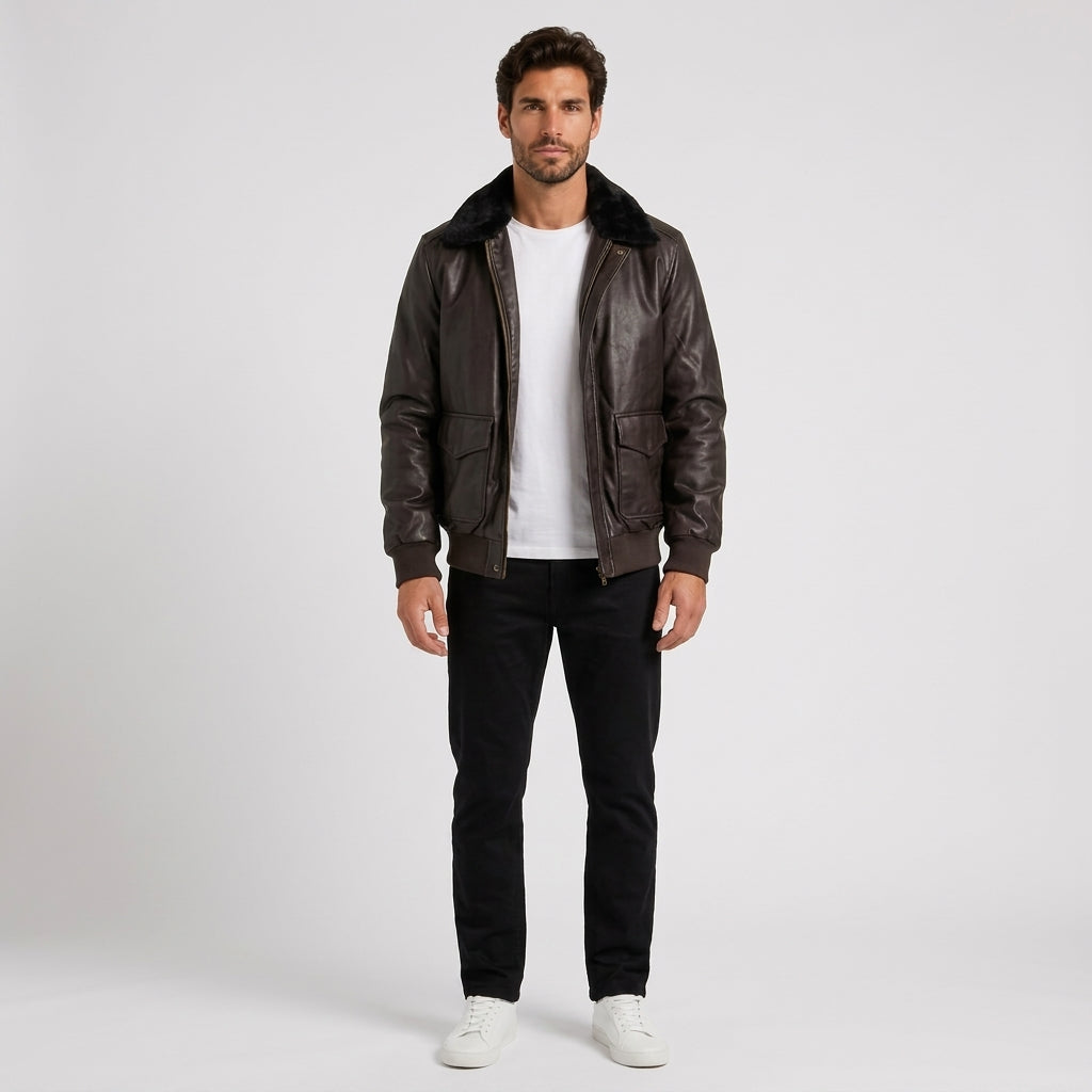 Reuben Davies | Brown Leather Jacket with Shearling Collar - Black