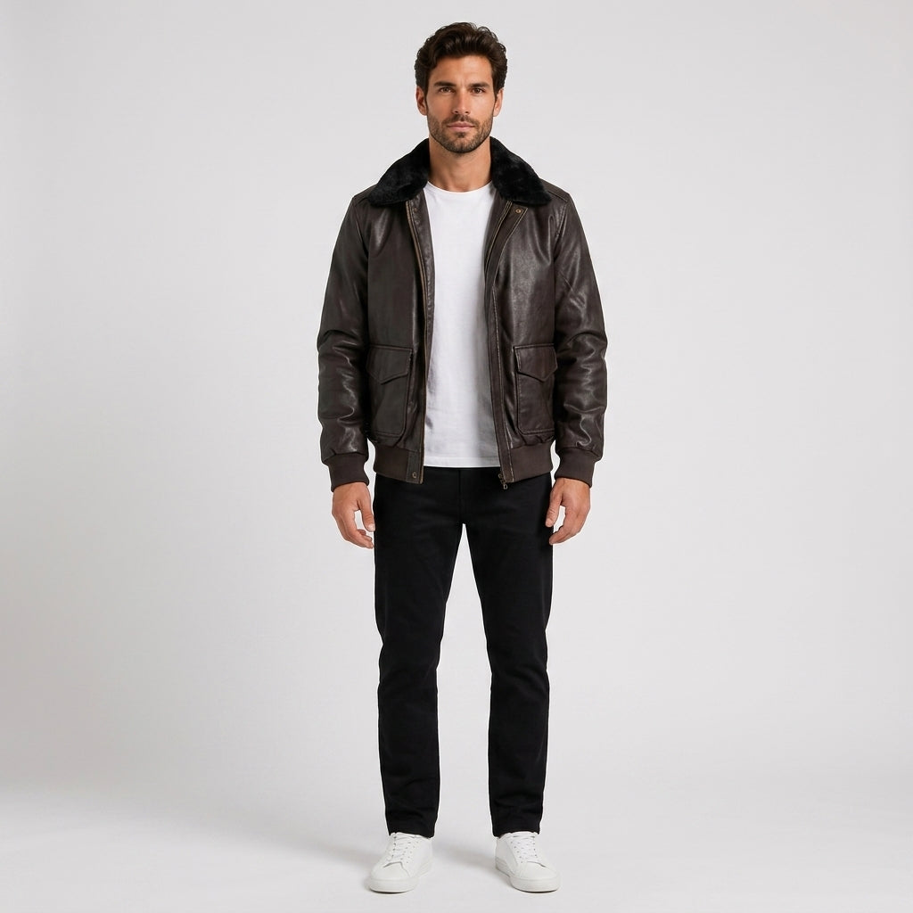 Reuben Davies | Brown Leather Jacket with Shearling Collar - Brown