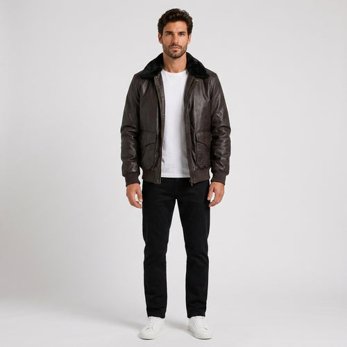 Reuben Davies | Brown Leather Jacket with Shearling Collar - Brown