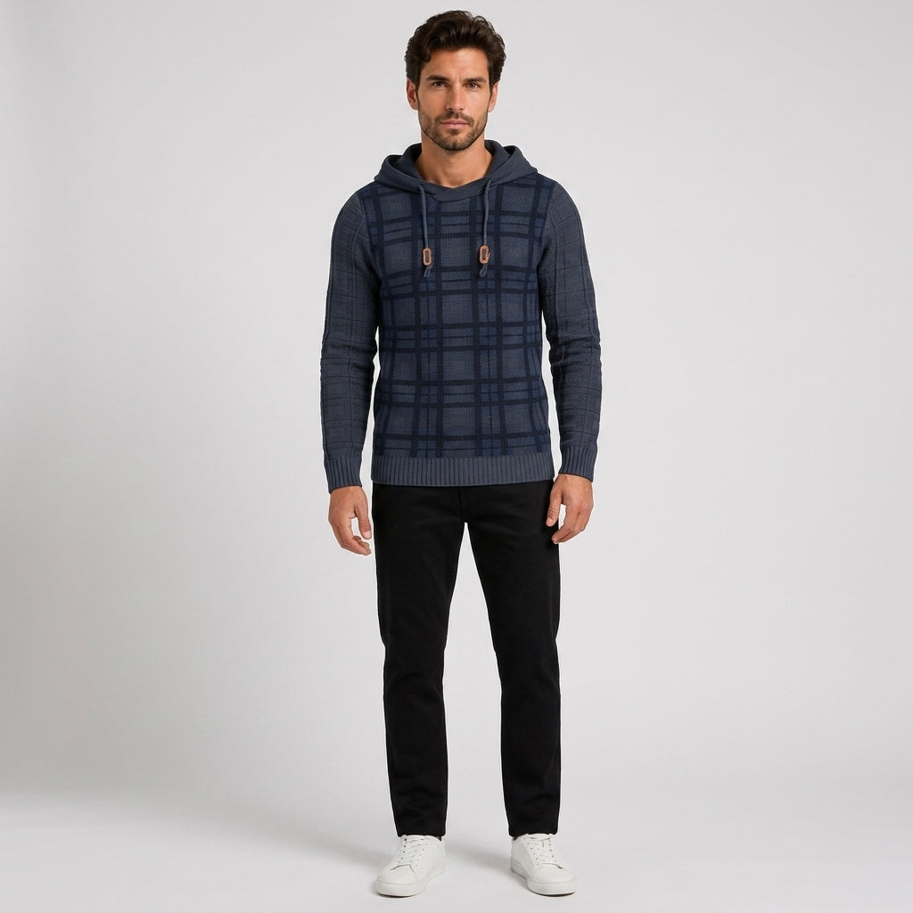 Rhys Taylor | Checkered Knit Hooded Sweater - Blue