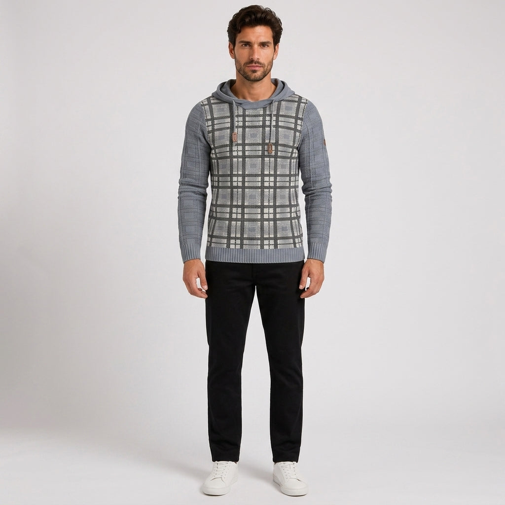 Rhys Taylor | Checkered Knit Hooded Sweater - Gray