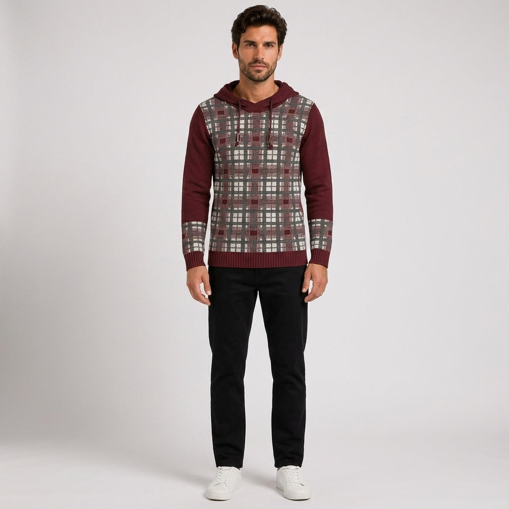 Rhys Taylor | Checkered Knit Hooded Sweater - Red
