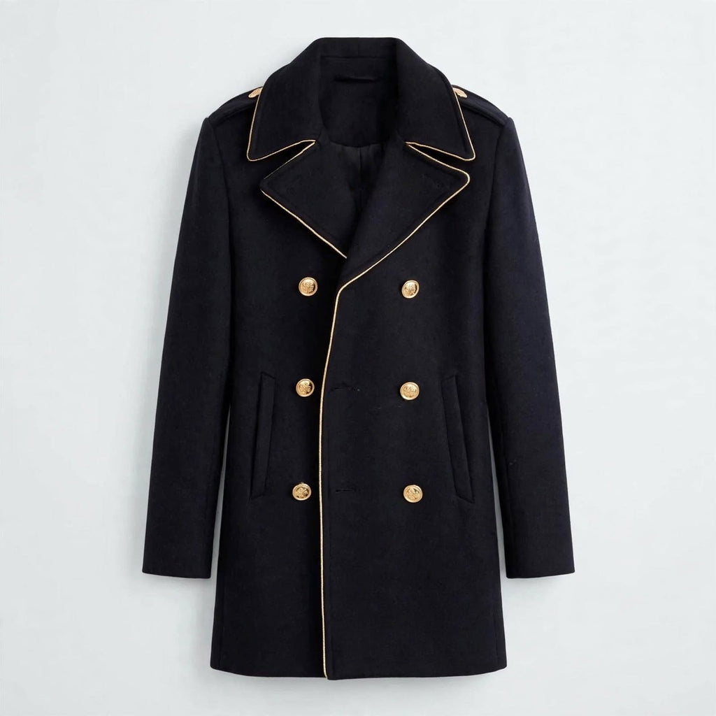 Leopold Marsden | Black Wool Pea Coat With Gold Button Detail