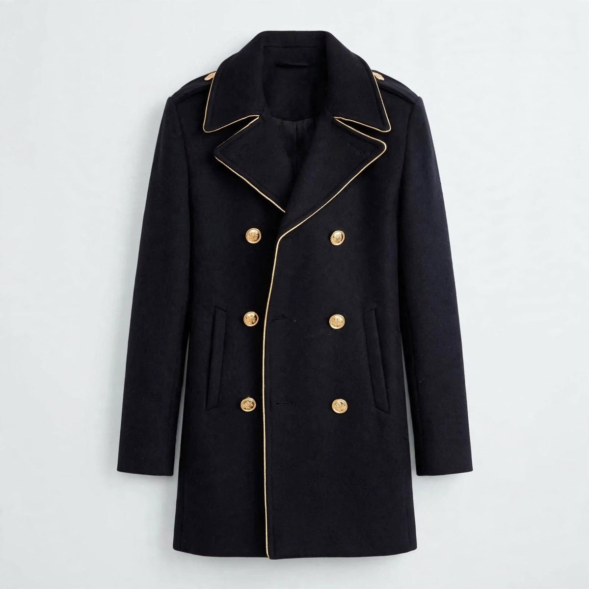 Leopold Marsden | Black Wool Pea Coat With Gold Button Detail