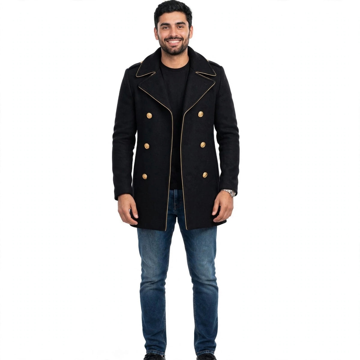 Leopold Marsden | Black Wool Pea Coat With Gold Button Detail