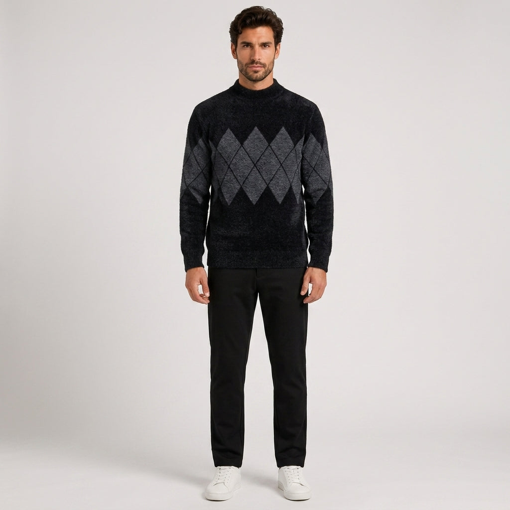 Rory Jones | Argyle Mock Neck Sweater For Men - Blue