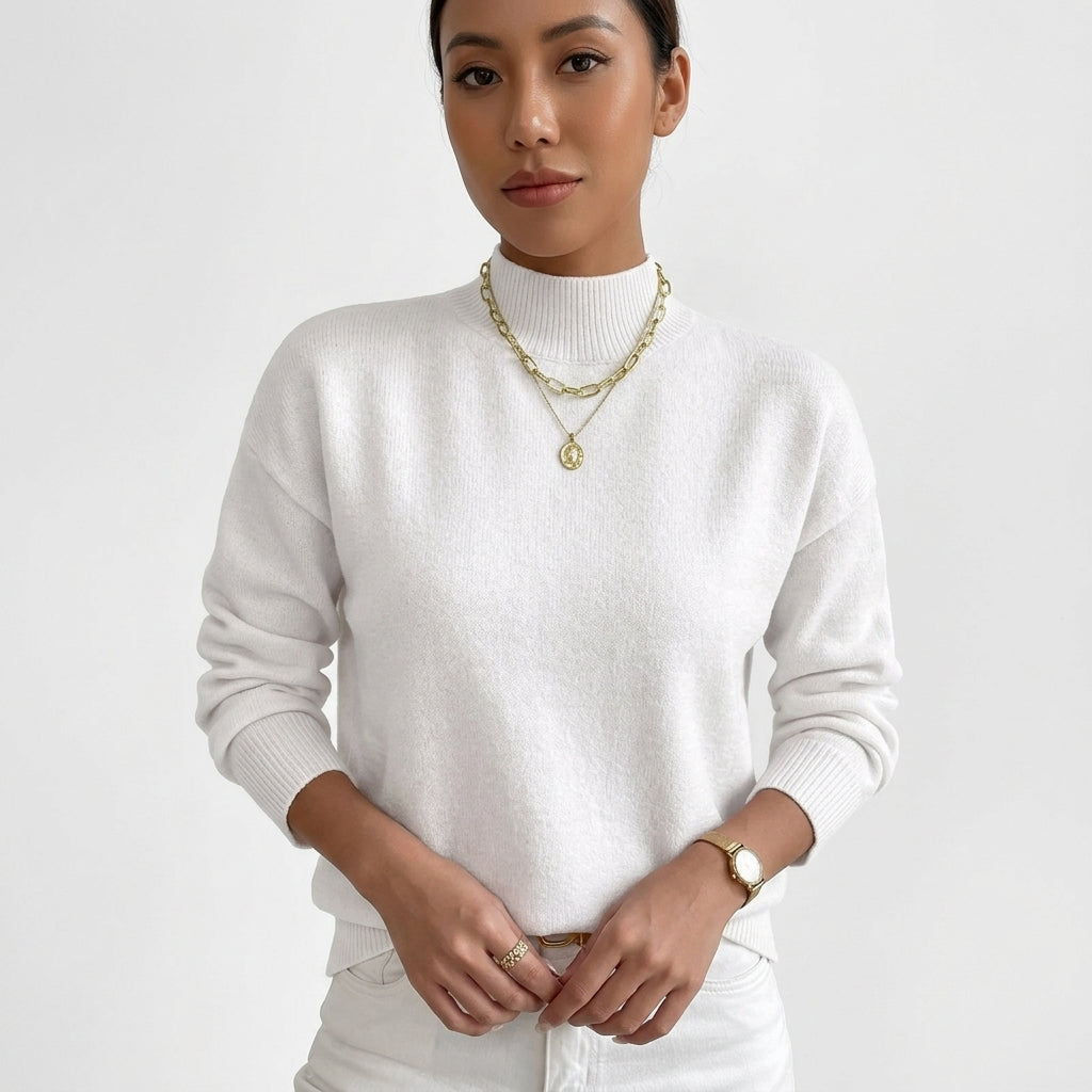 Rosalind Carver | White Mock Neck Knit Pullover Sweater