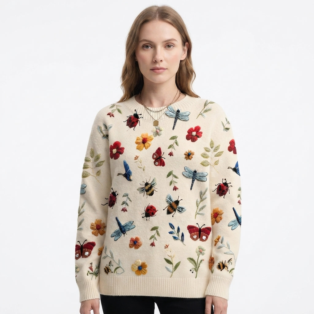 Rosalyn Fairbanks | Embroidered Floral Bug Print Knit Sweater