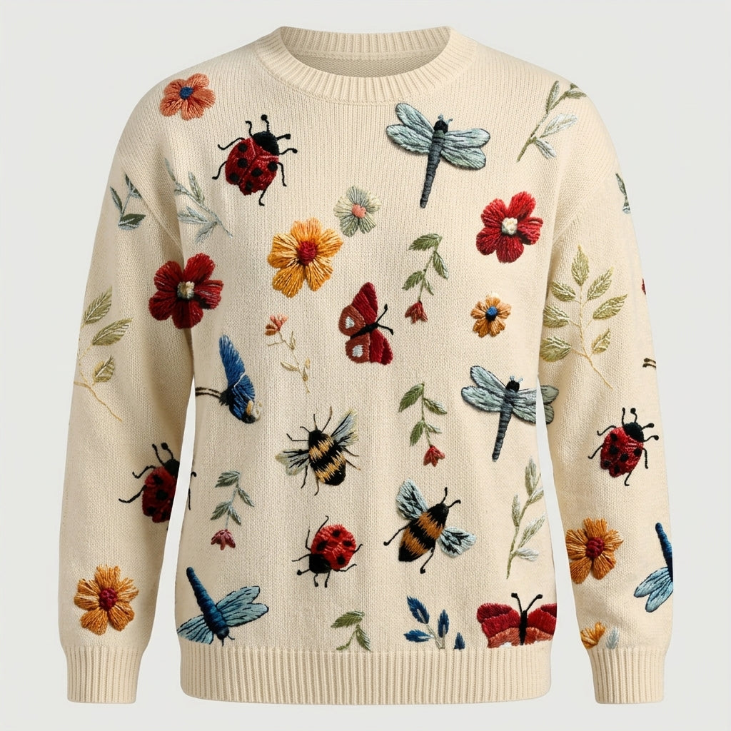 Rosalyn Fairbanks | Embroidered Floral Bug Print Knit Sweater