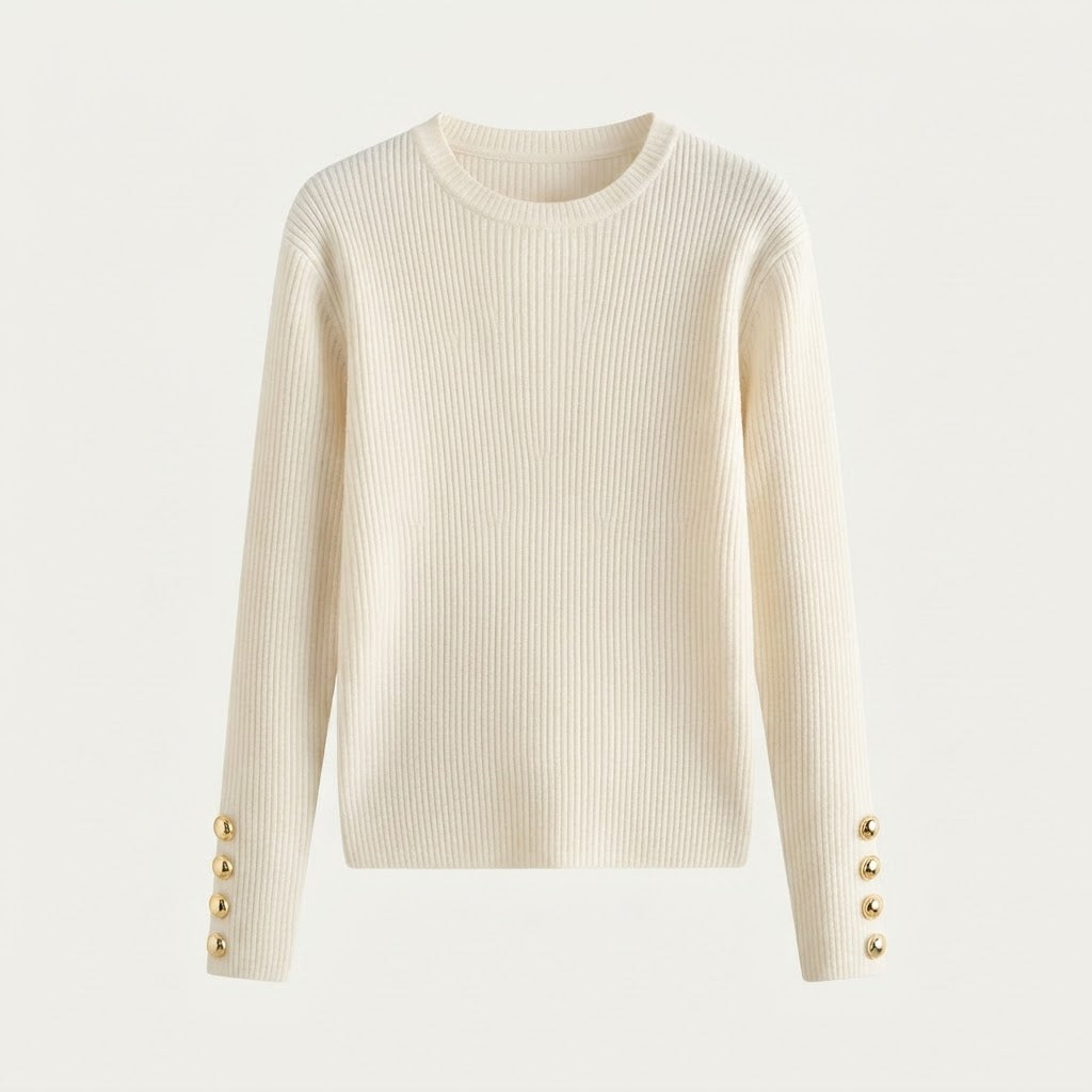 Rosamund Fairweather | Ribbed Knit Long-Sleeve Top with Gold Button Cuffs