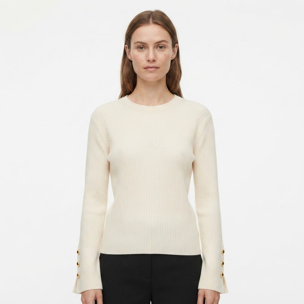 Rosamund Fairweather | Ribbed Knit Long-Sleeve Top with Gold Button Cuffs
