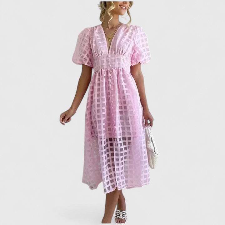 Harriet Colston | Sheer Checked Puff-Sleeve Midi Dress