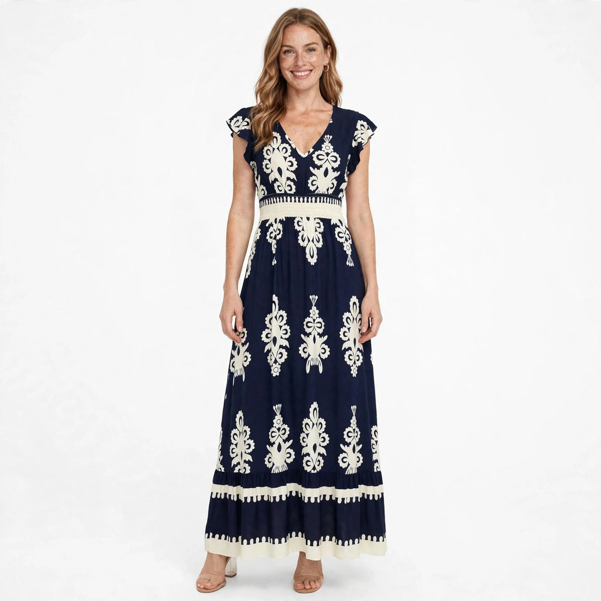 Amelia Winstone | Printed V-Neck Maxi Dress With Waist Tie