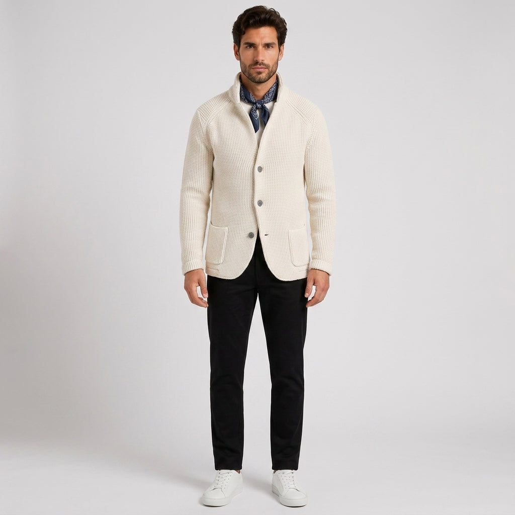 Rowan Clarke | Navy Knitted Button-Up Cardigan - Beige