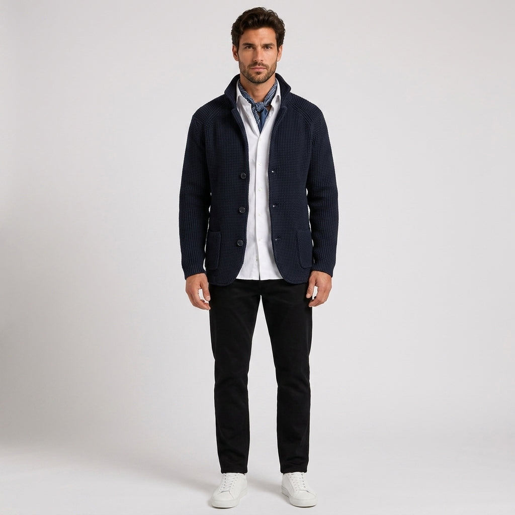 Rowan Clarke | Navy Knitted Button-Up Cardigan - Black