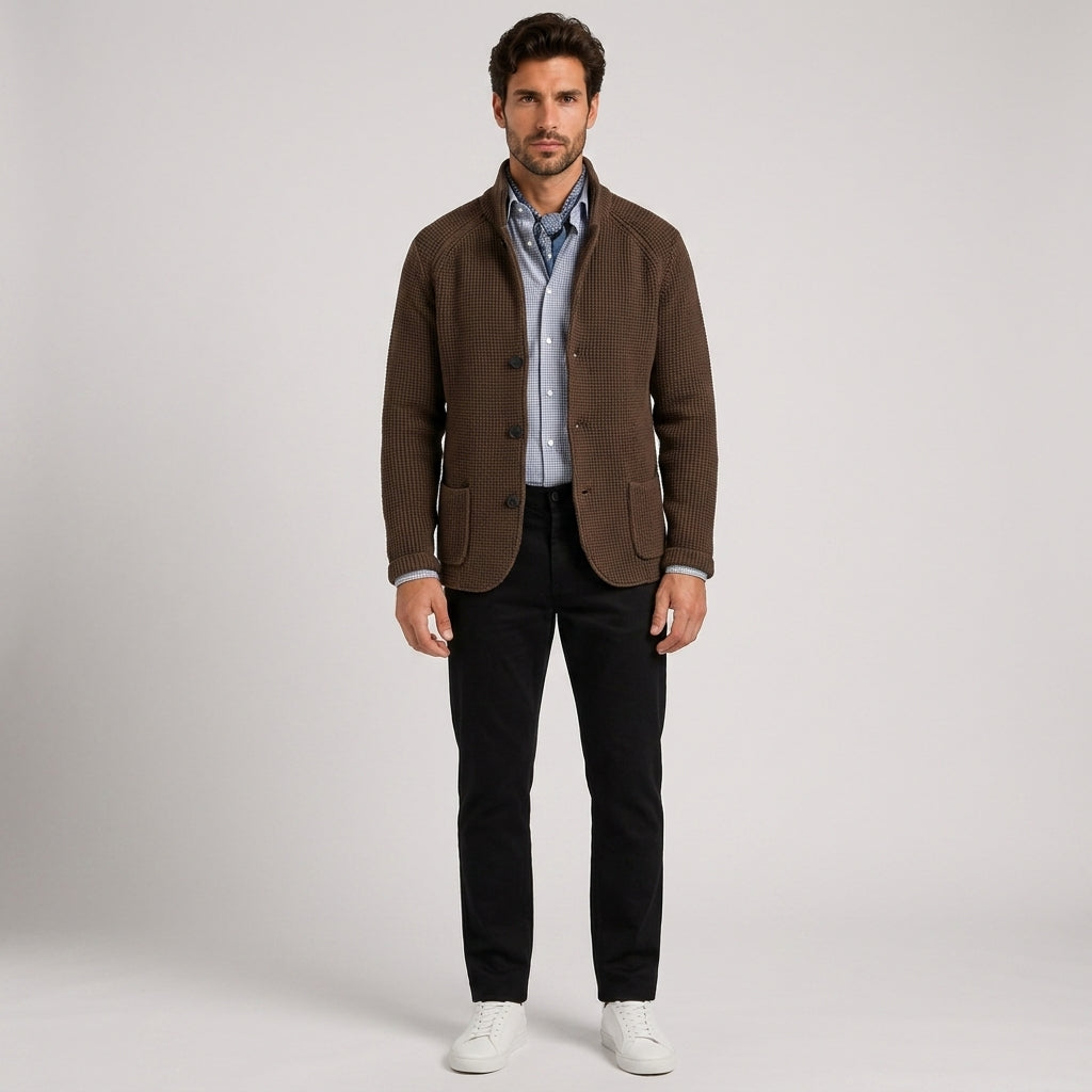 Rowan Clarke | Navy Knitted Button-Up Cardigan - Brown
