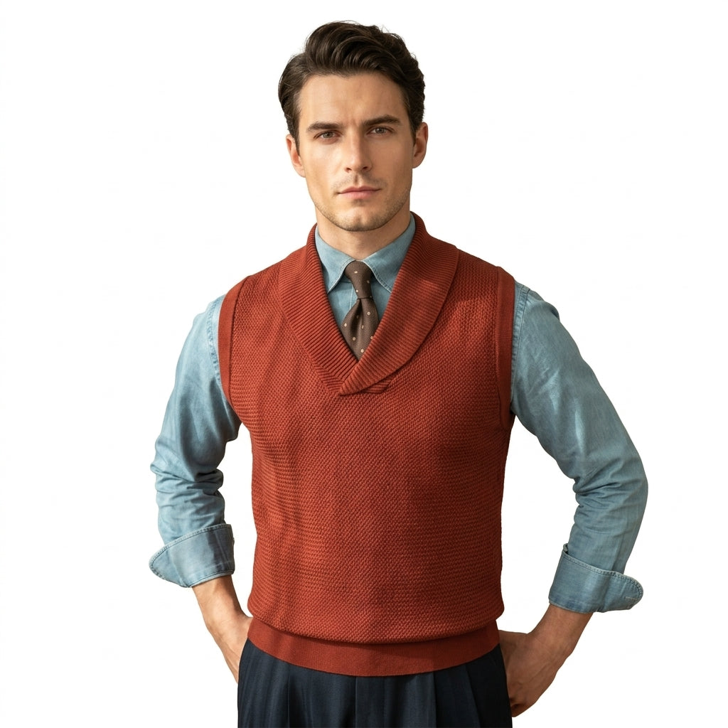 Clive Ashdown | Rust Knit Sweater Vest With Shawl Collar
