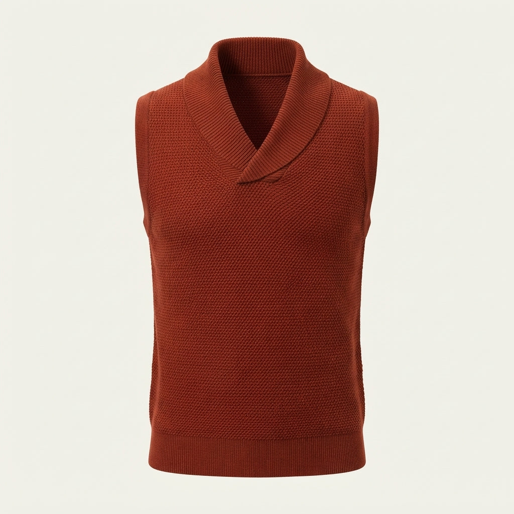 Clive Ashdown | Rust Knit Sweater Vest With Shawl Collar