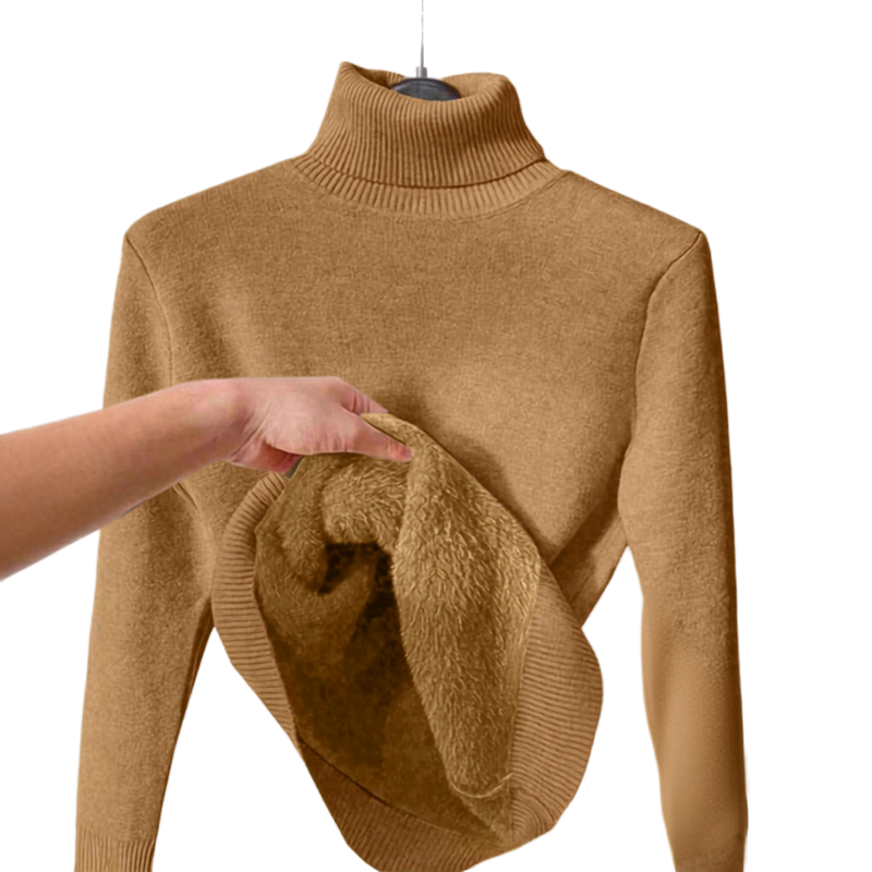A tan ribbed turtleneck sweater displayed on a hanger against a white background, with a hand lifting the hem to show a plush, warm brown lining.