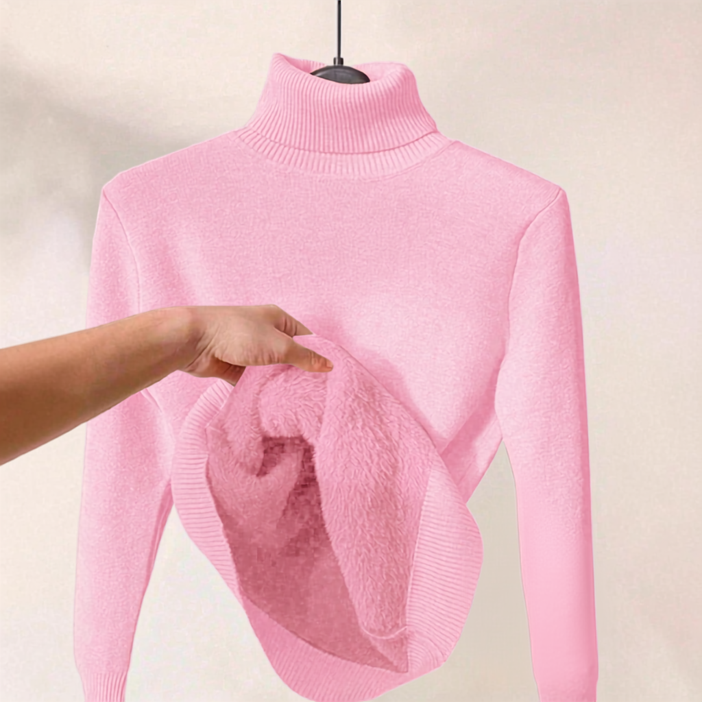 A pink ribbed turtleneck sweater displayed on a hanger, with a hand pulling out the soft plush lining to show the inner texture.