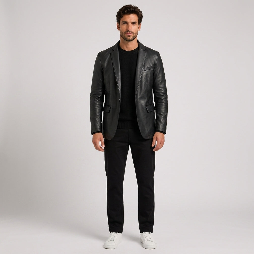 Sebastian Hall | Black Leather Jacket with Notch Lapel - Black