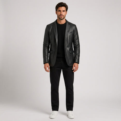 Sebastian Hall | Black Leather Jacket with Notch Lapel - Black