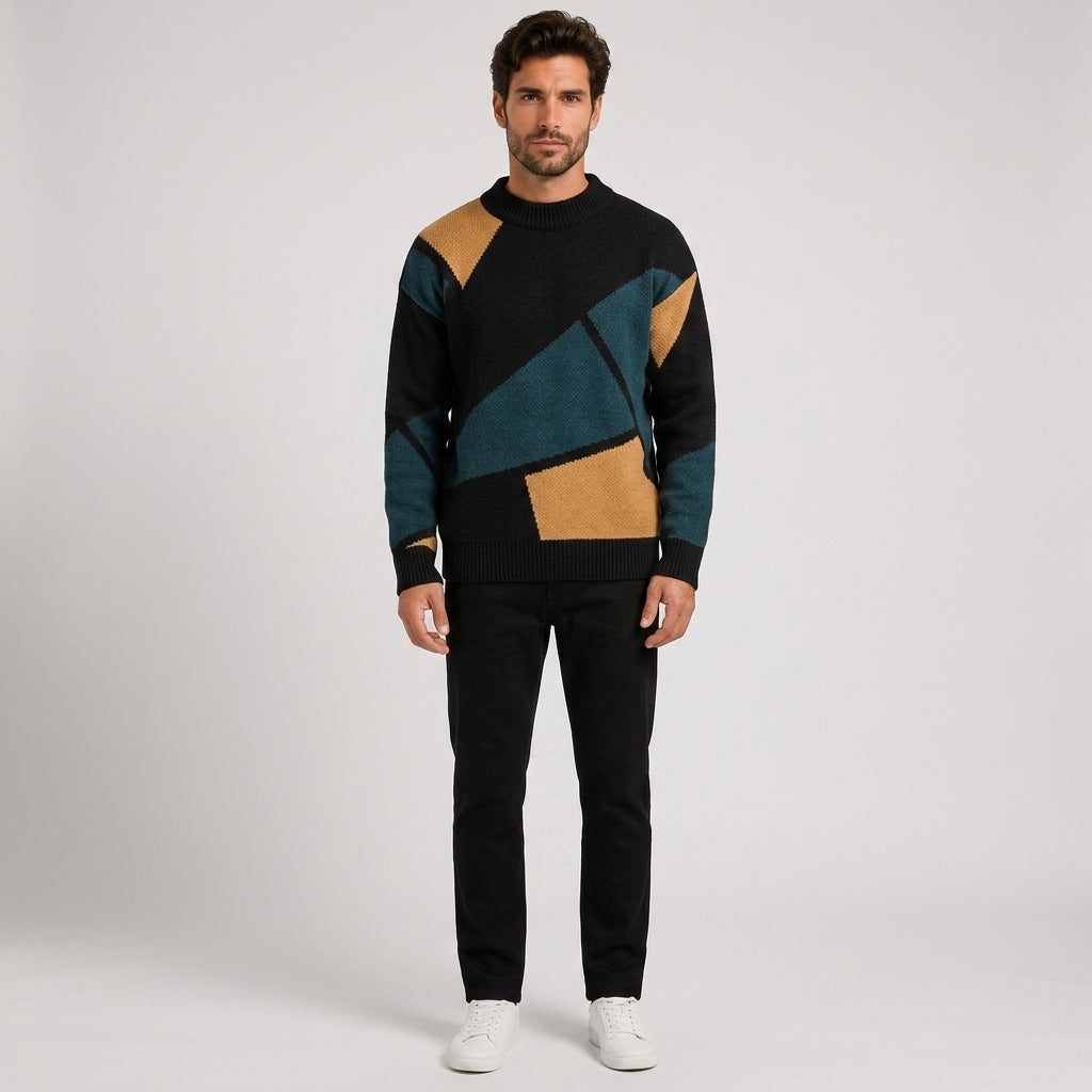 Simon Jones | Colour Block Knitted Sweater For Men - Dark Green