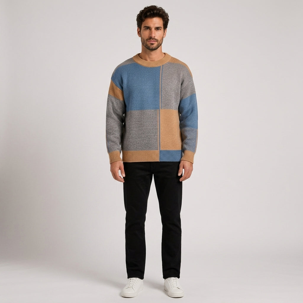 Simon Jones | Colour Block Knitted Sweater For Men - Khaki