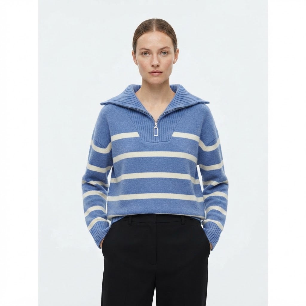 Siobhan Byrne | Striped Half-Zip Collared Knit Sweater