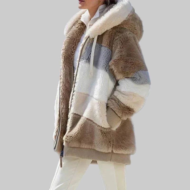 Hooded Winter Jacket with Full Zip Front and Colour Block Design