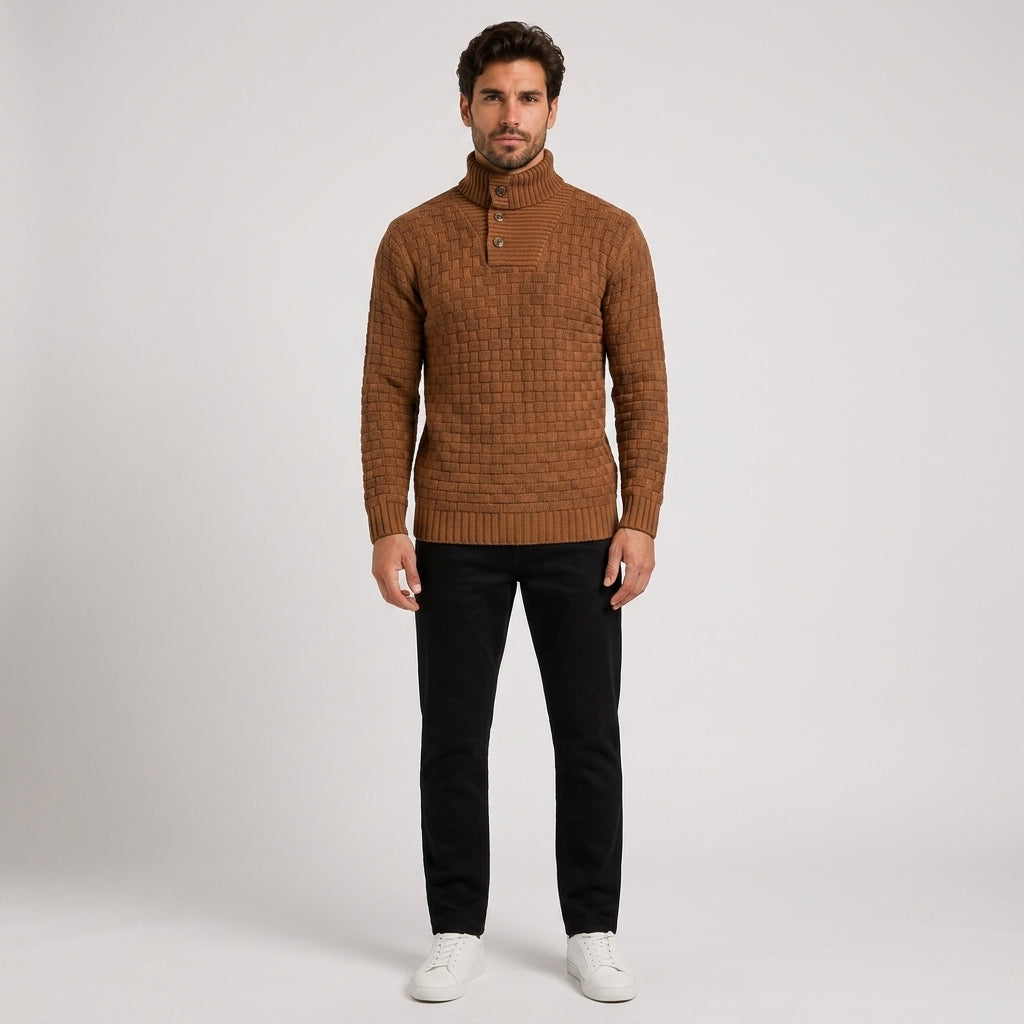 Tobias Lewis | Slim Fit Turtleneck Sweater with Button Detail - Brown