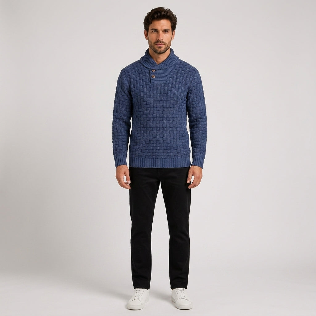 Tobias Lewis | Slim Fit Turtleneck Sweater with Button Detail - Navy Blue