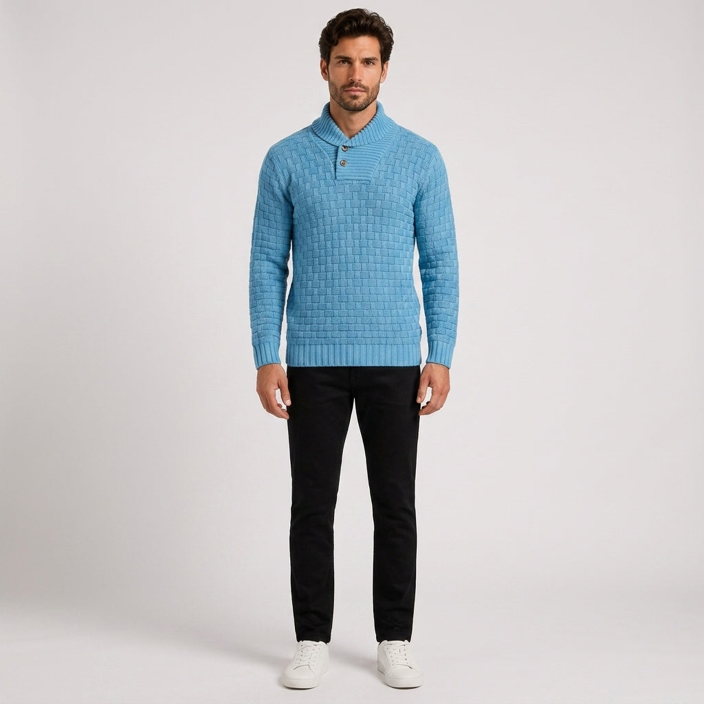 Tobias Lewis | Slim Fit Turtleneck Sweater with Button Detail - Sky Blue