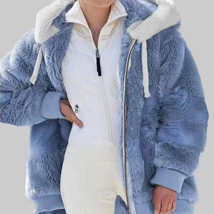 Hooded Winter Jacket with Full Zip Front and Colour Block Design