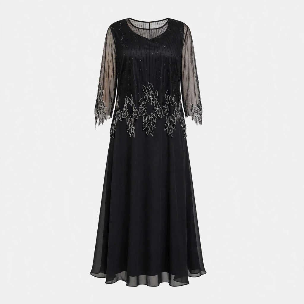 Josephine Latimer | Beaded Fringe Formal Dress with Sheer Sleeves