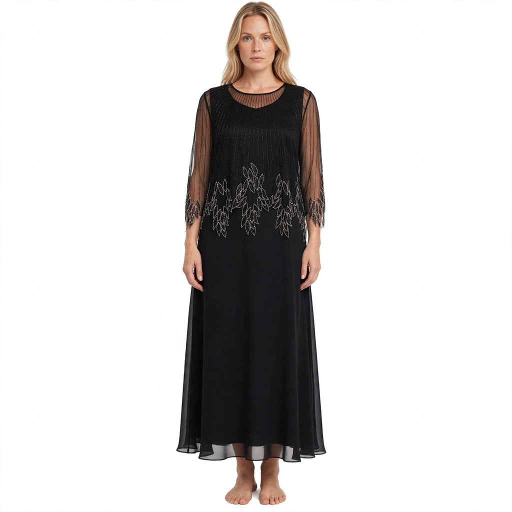 Josephine Latimer | Beaded Fringe Formal Dress with Sheer Sleeves