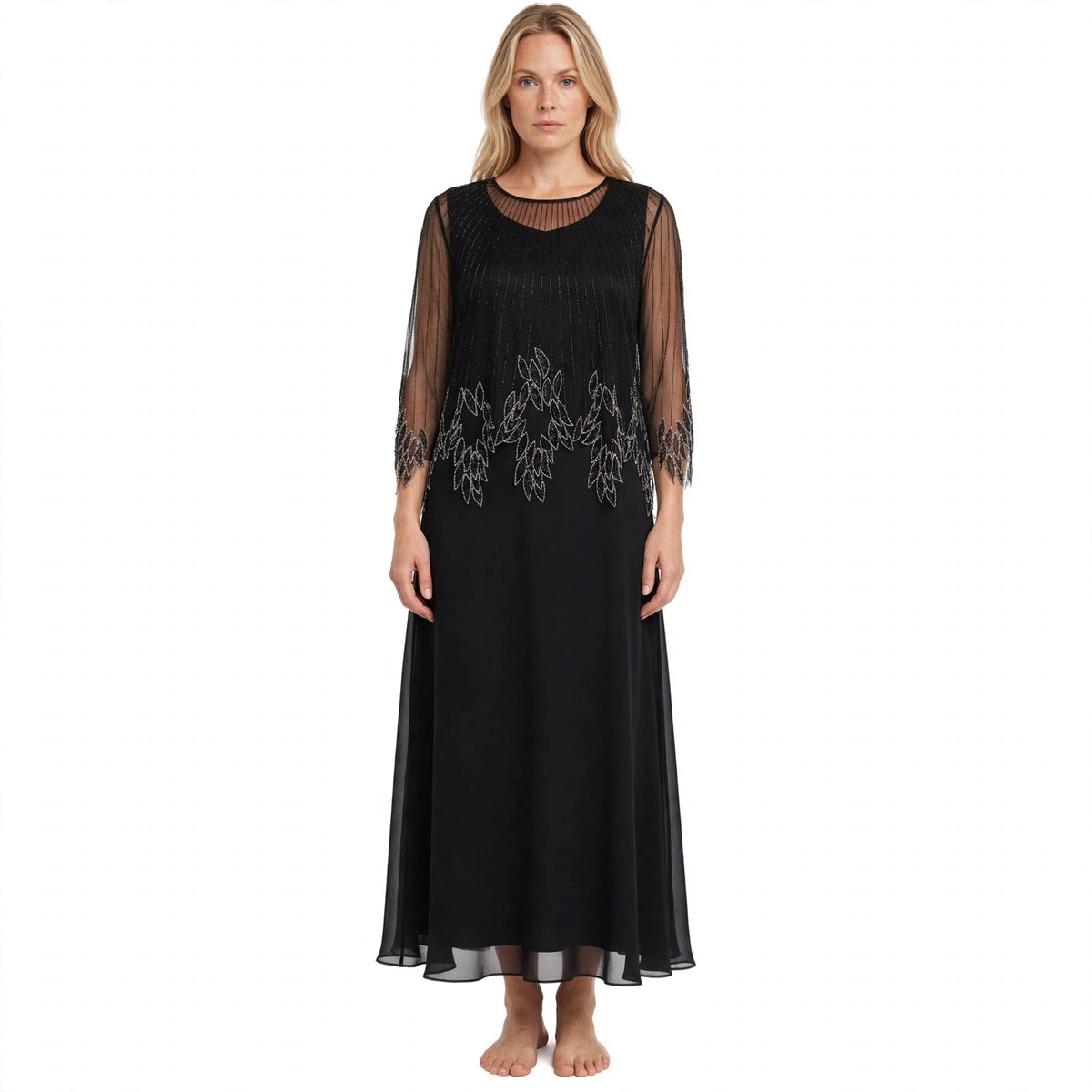 Josephine Latimer | Beaded Fringe Formal Dress with Sheer Sleeves