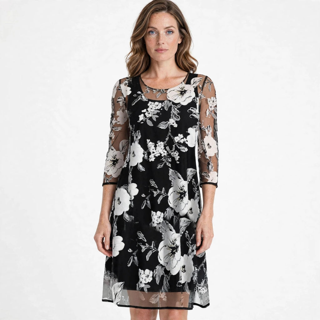Nora Whitmore | Floral Mesh Midi Dress With Sheer Sleeves