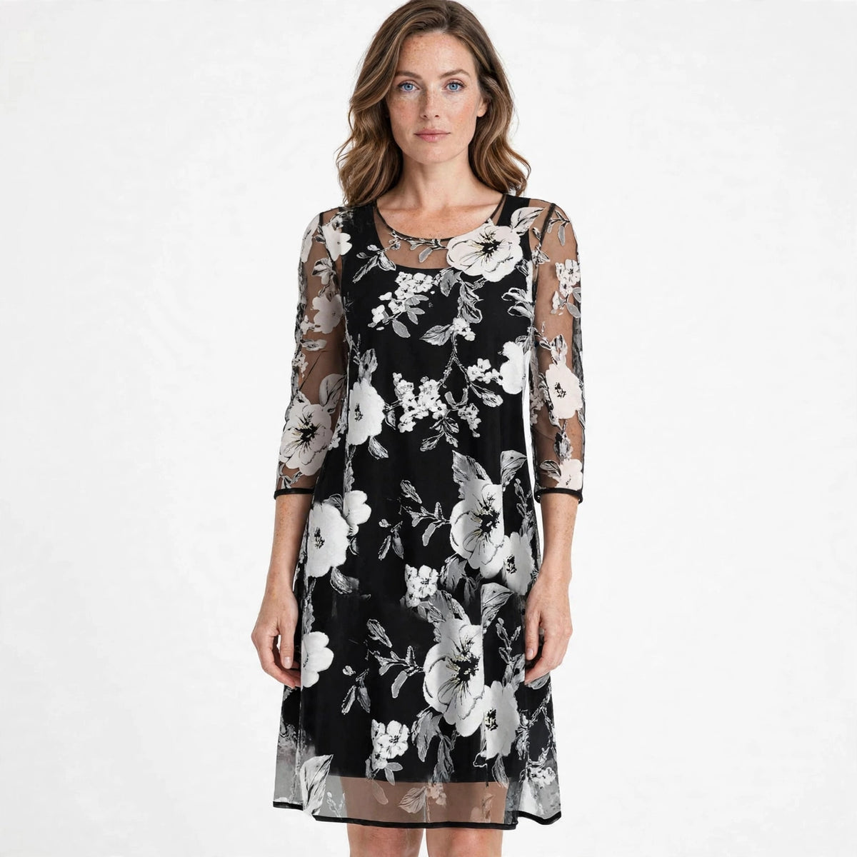 Nora Whitmore | Floral Mesh Midi Dress With Sheer Sleeves