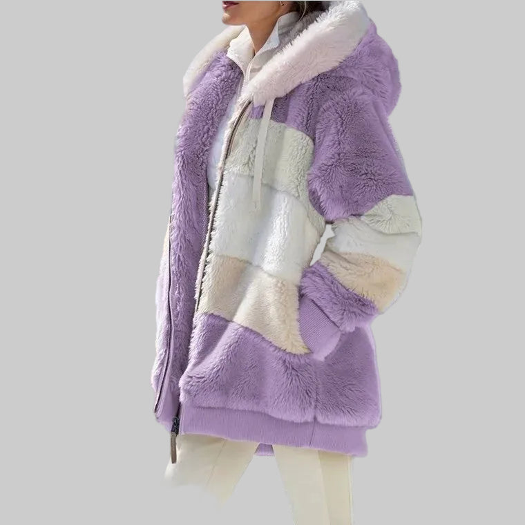 Hooded Winter Jacket with Full Zip Front and Colour Block Design